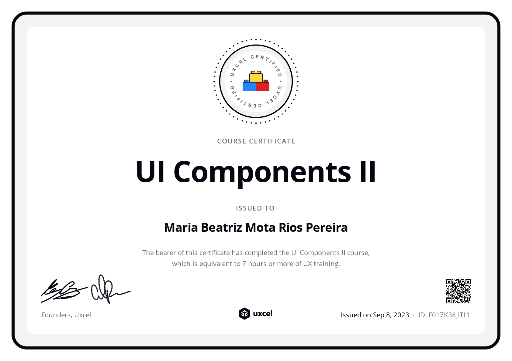 Maria Beatriz Mota Rios Pereira's certificate